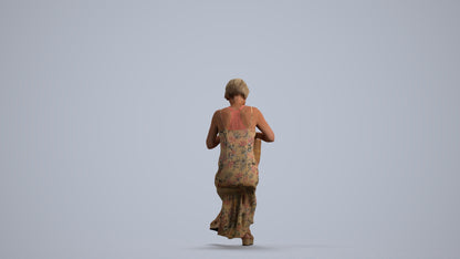 3D human model senior woman sitting, photogrammetry scanned person for archviz, front view render