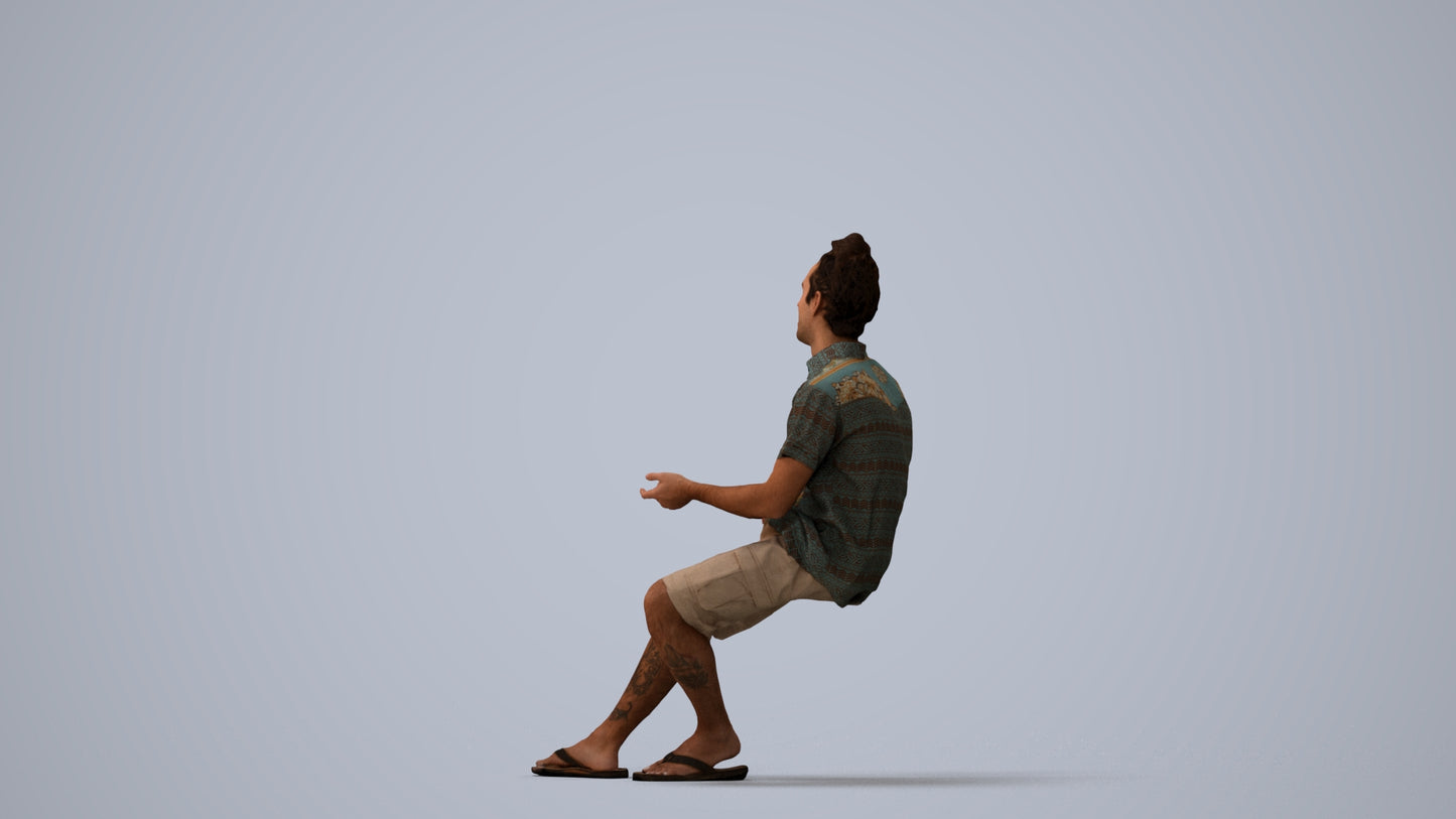 3D people model man casual sitting, scanned human for 3ds Max rendering, three-quarter view render
