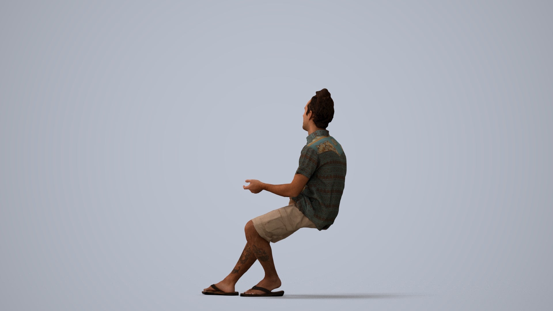 3D people model man casual sitting, scanned human for 3ds Max rendering, three-quarter view render