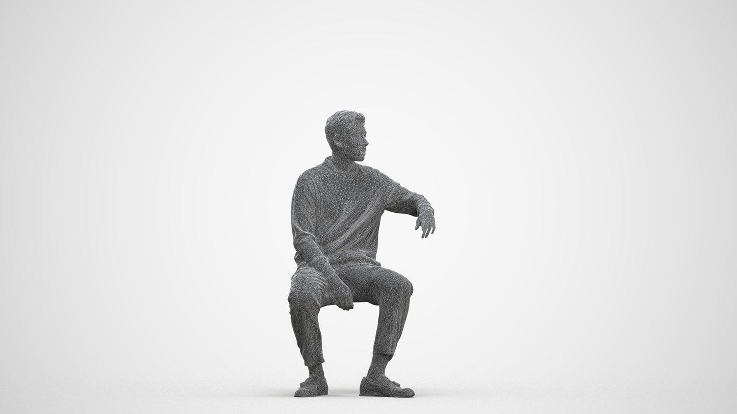 photogrammetry 3D man casual sitting, realistic human model archviz FBX, three-quarter front view render