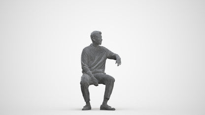 photogrammetry 3D man casual sitting, realistic human model archviz FBX, three-quarter front view render