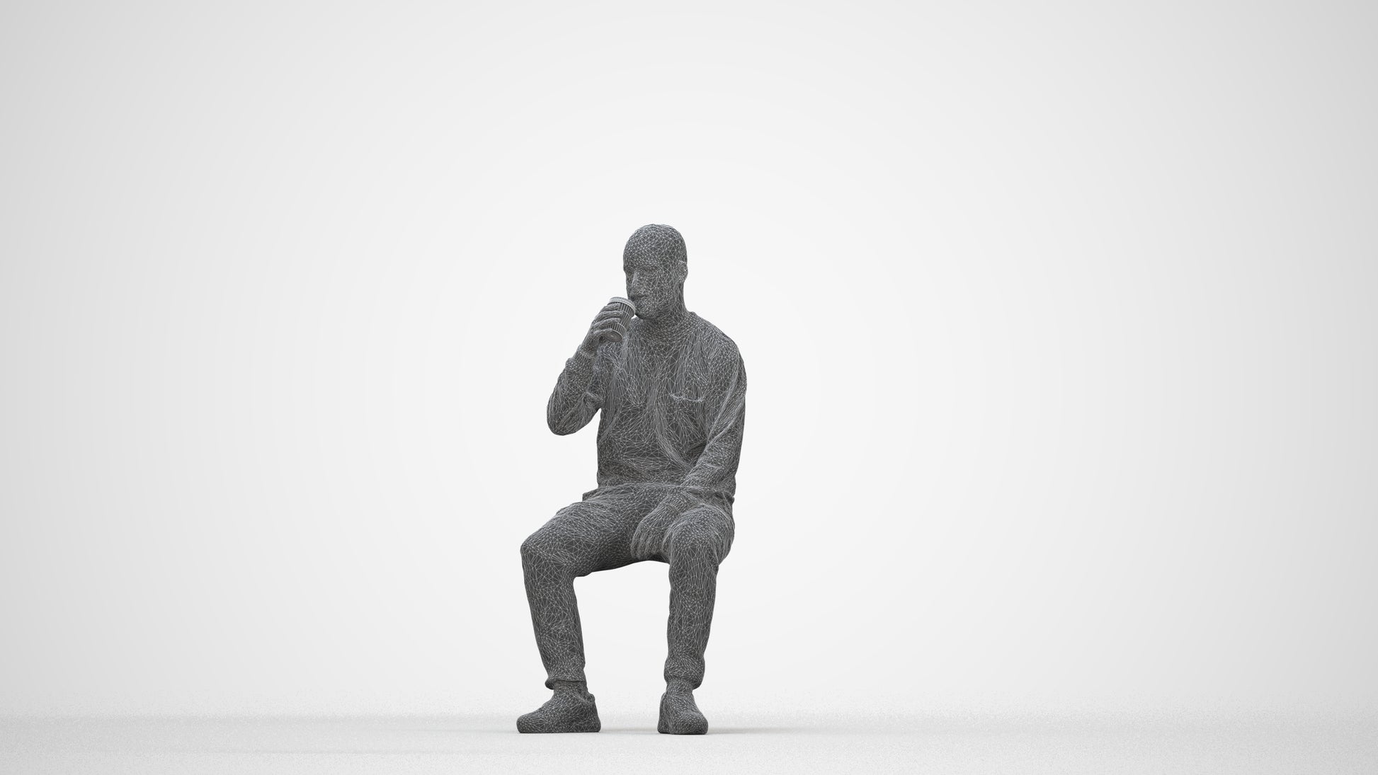 3D people model man casual sitting, scanned human for 3ds Max rendering, wireframe back view