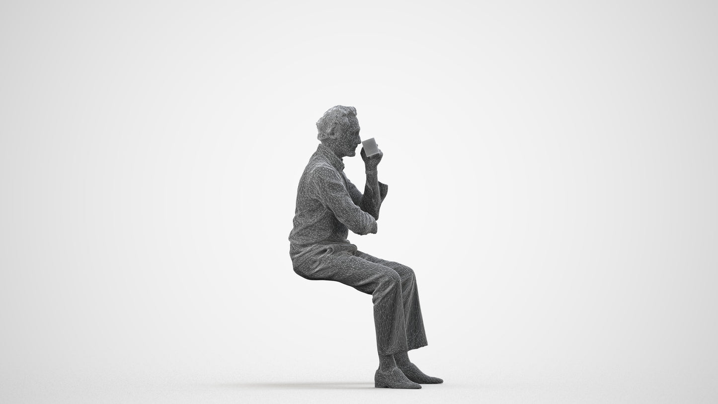 realistic 3D man business sitting, scanned archviz people for Blender and 3ds Max, wireframe side view