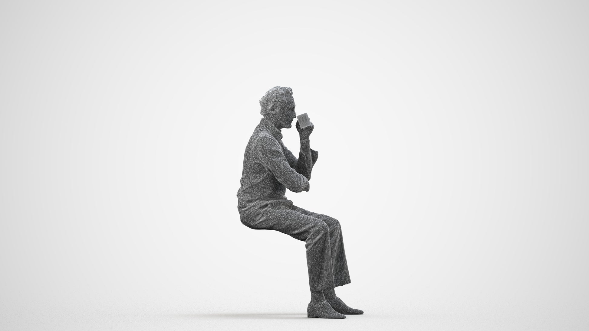 realistic 3D man business sitting, scanned archviz people for Blender and 3ds Max, wireframe side view