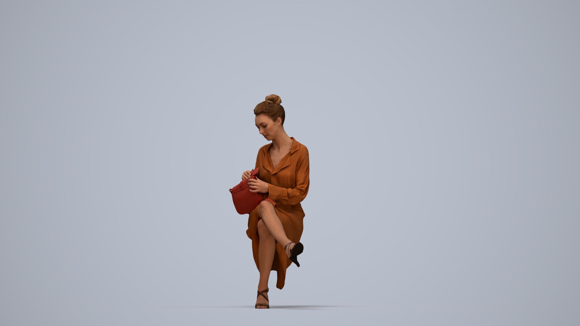 realistic 3D woman casual sitting, scanned archviz people for Blender and 3ds Max, top-down view render