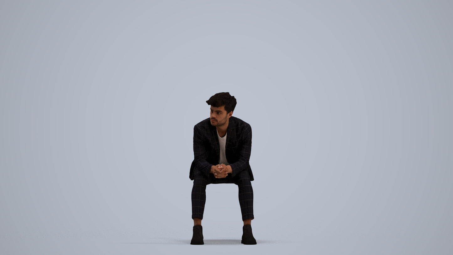 photogrammetry 3D man business sitting, realistic human model archviz FBX, standing pose render