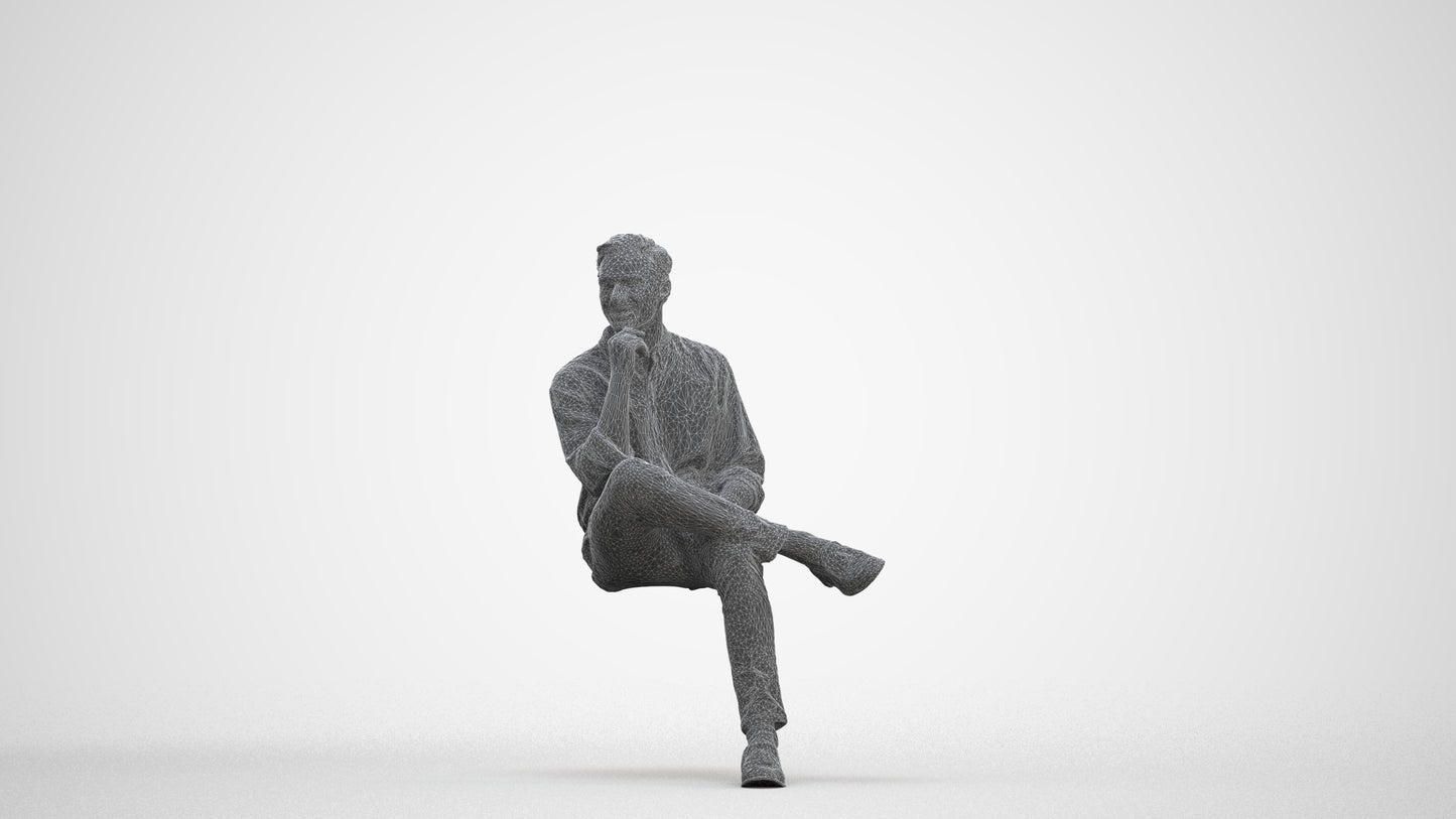 realistic 3D man casual sitting, scanned archviz people for Blender and 3ds Max, three-quarter front view render