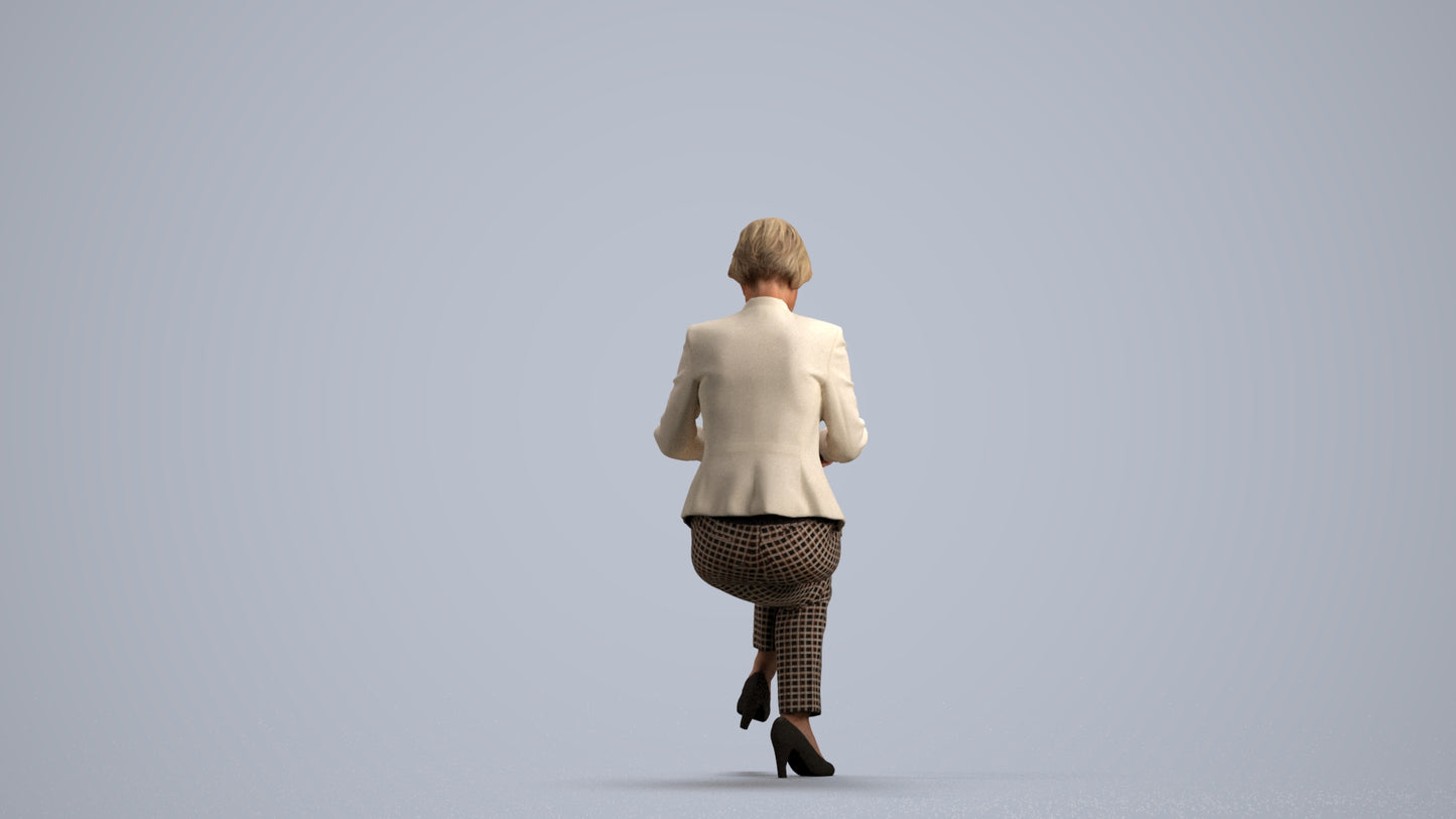 realistic 3D human senior woman business sitting, archviz people FBX OBJ for Blender, front view render