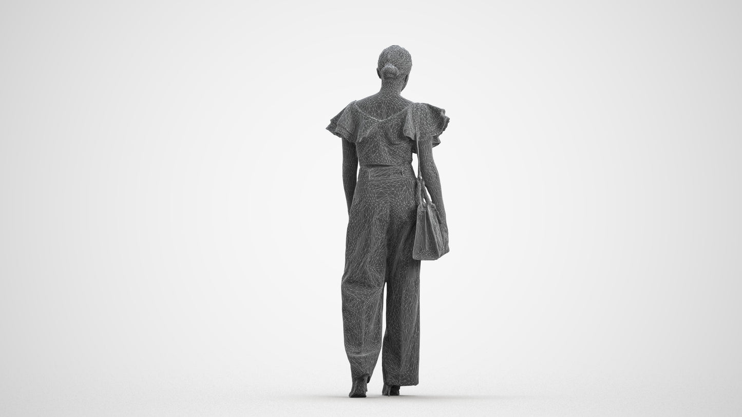 3D scanned woman walking business, photorealistic archviz people for Enscape and SketchUp, wireframe front view