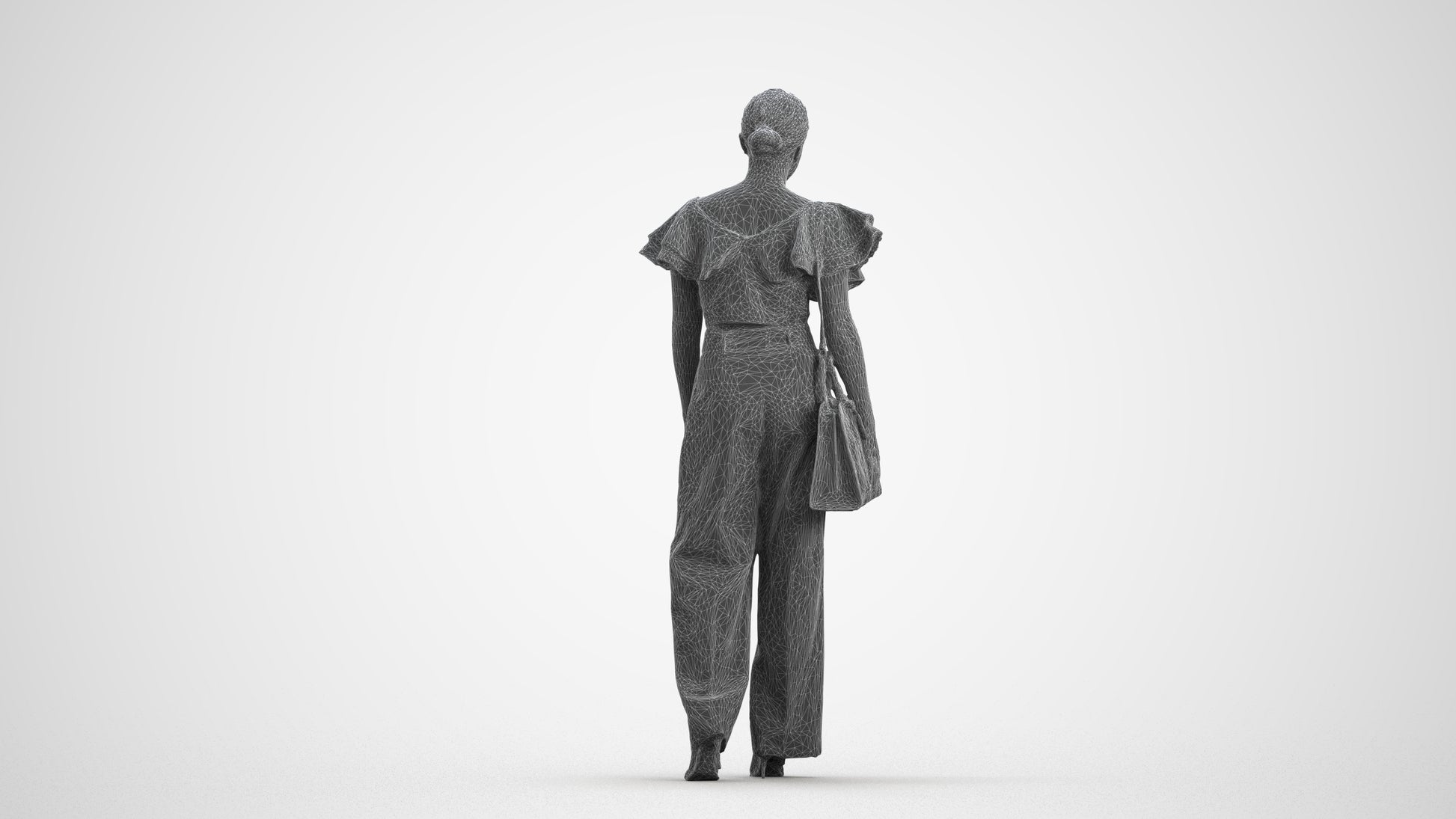 3D scanned woman walking business, photorealistic archviz people for Enscape and SketchUp, wireframe front view