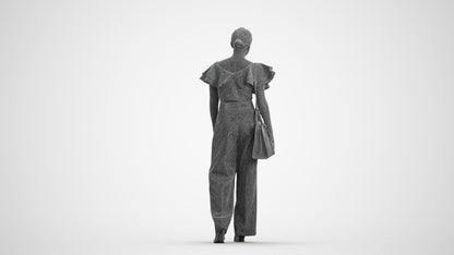 3D scanned woman walking business, photorealistic archviz people for Enscape and SketchUp, wireframe front view