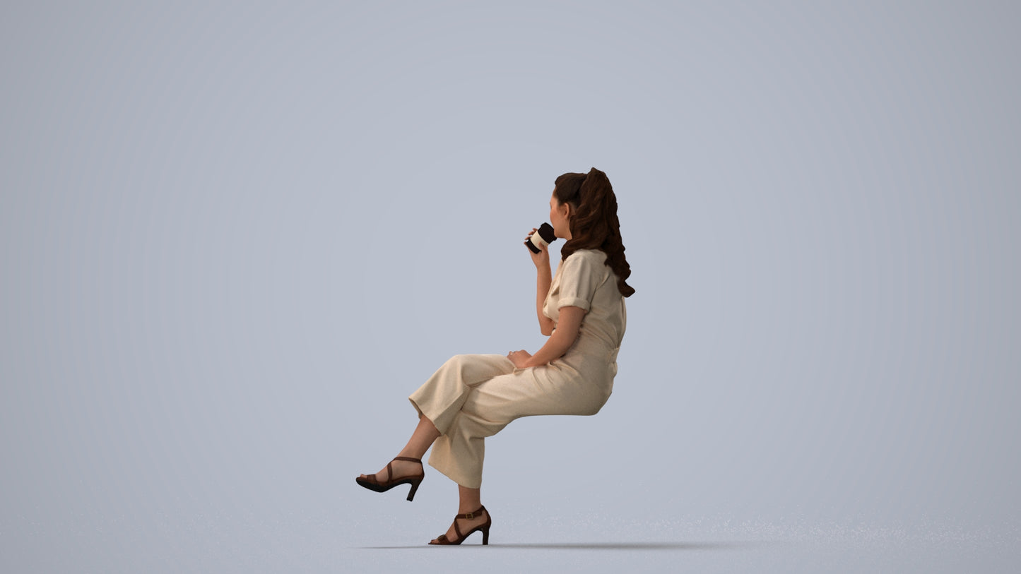 3D scanned woman sitting formal, photorealistic archviz people for Enscape and SketchUp, three-quarter view render