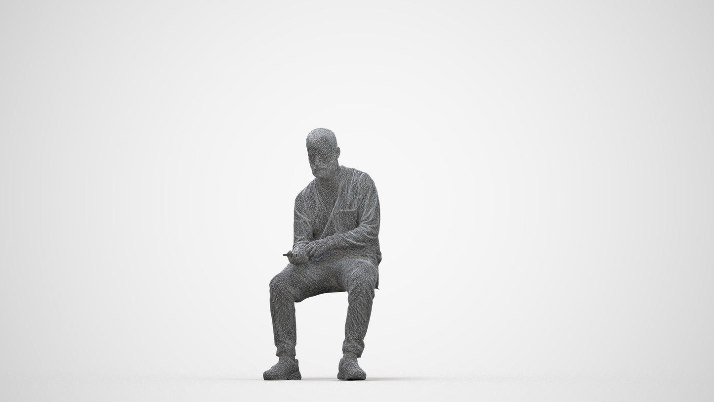 3D people model man casual sitting, scanned human for 3ds Max rendering, wireframe back view