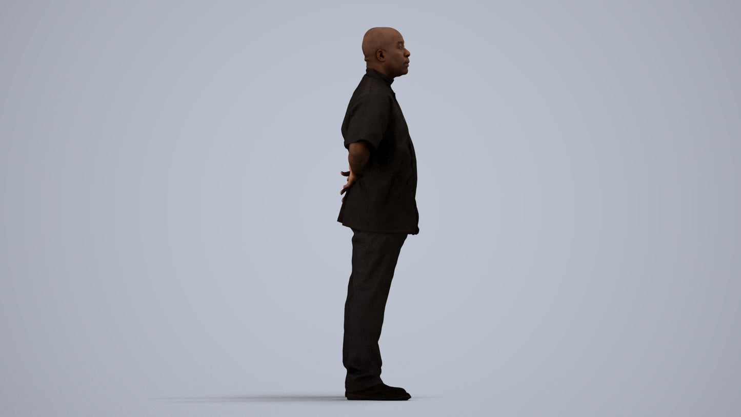 realistic 3D human man hospitality, archviz people FBX OBJ for Blender, side view render