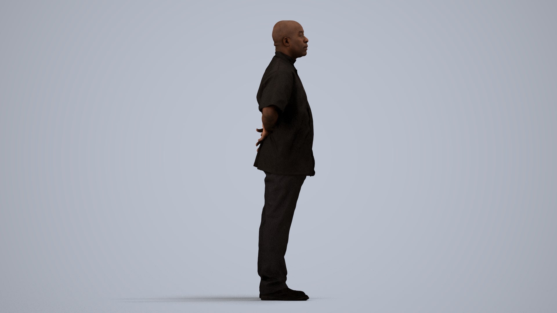 realistic 3D human man hospitality, archviz people FBX OBJ for Blender, side view render