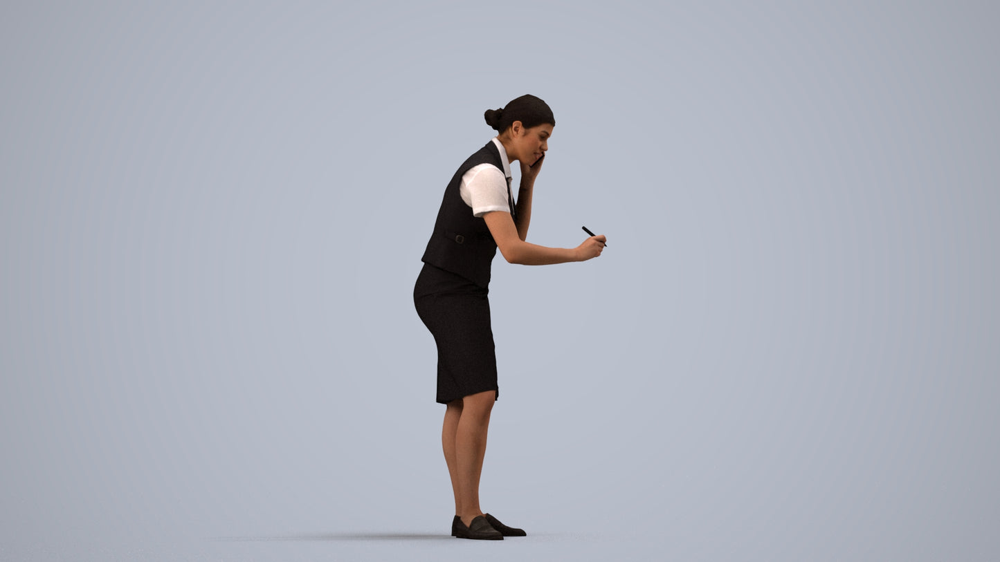 realistic 3D woman hospitality, scanned archviz people for Blender and 3ds Max, side view render