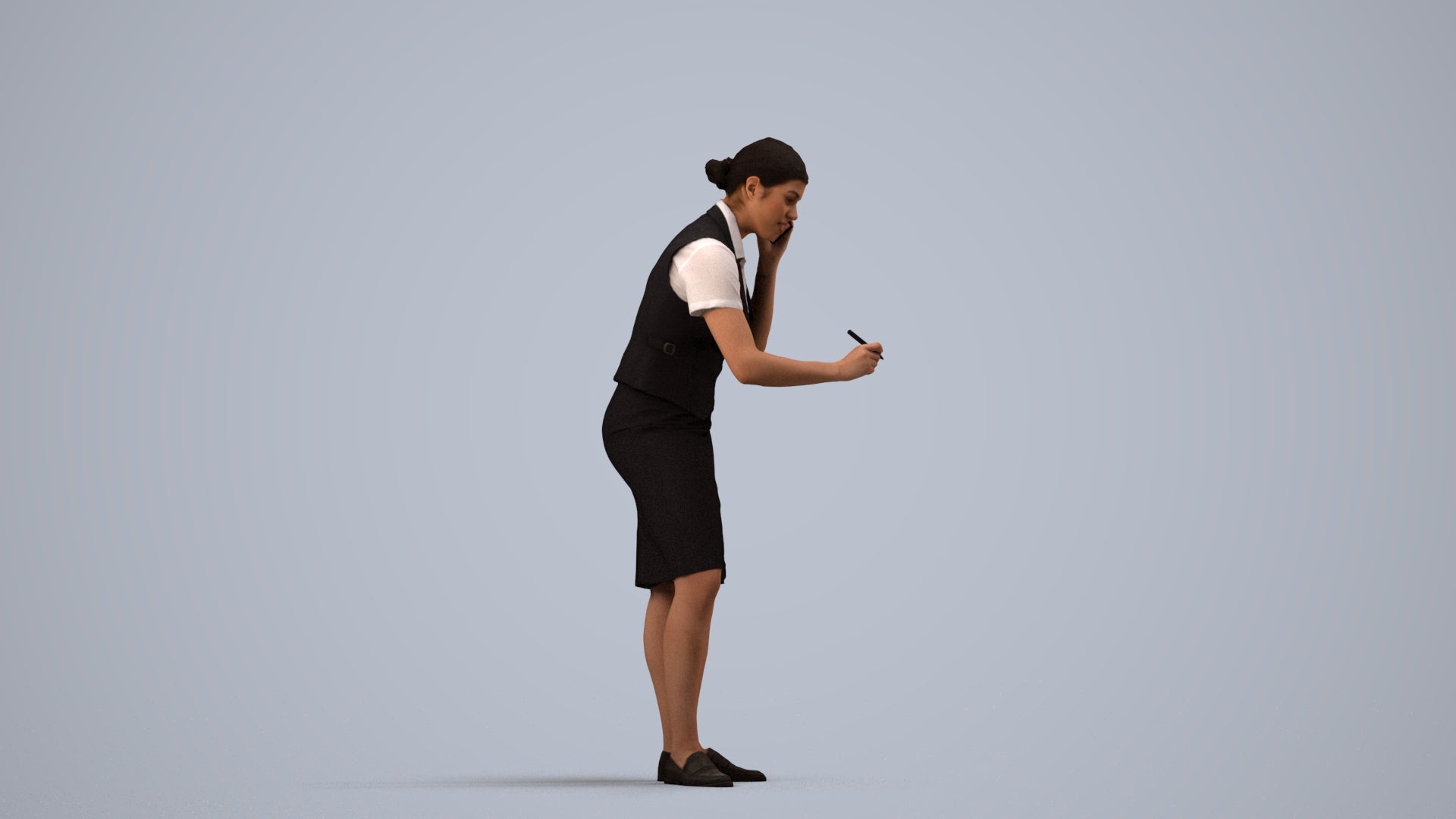 realistic 3D woman hospitality, scanned archviz people for Blender and 3ds Max, side view render