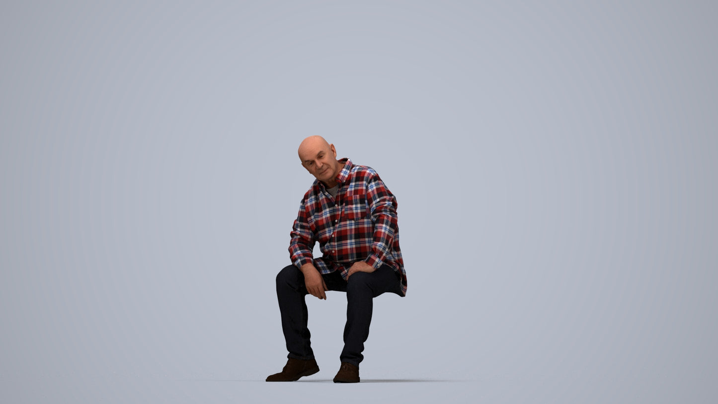realistic 3D people senior man casual sitting, render-ready for V-Ray and Corona, FBX OBJ, top-down view render
