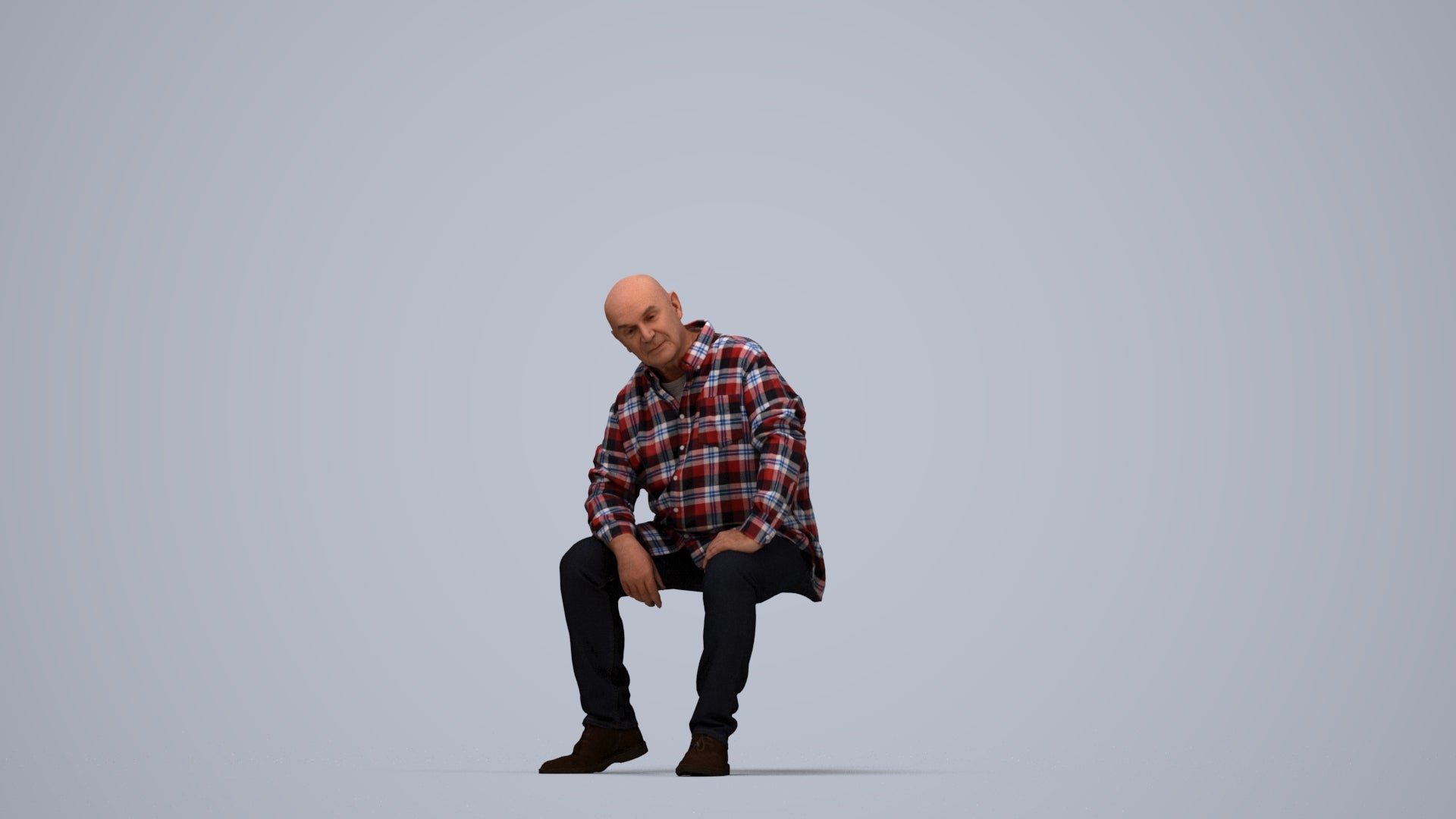 realistic 3D people senior man casual sitting, render-ready for V-Ray and Corona, FBX OBJ, top-down view render