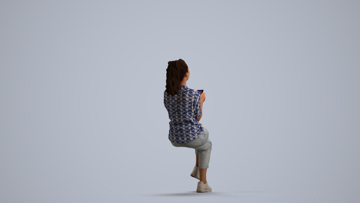photogrammetry 3D woman casual sitting, realistic human model archviz FBX, front view render