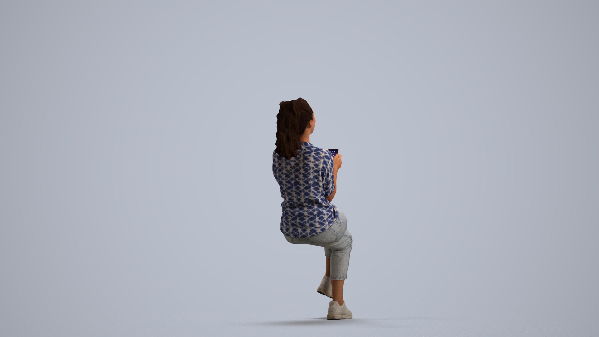 photogrammetry 3D woman casual sitting, realistic human model archviz FBX, front view render