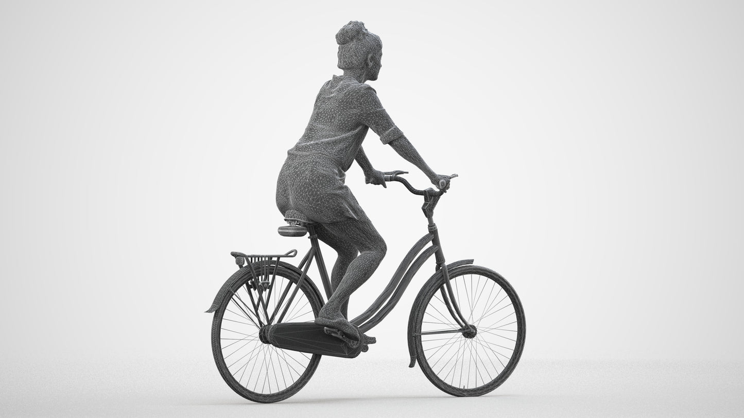 realistic 3D human woman casual cycling, archviz people FBX OBJ for Blender, wireframe side view