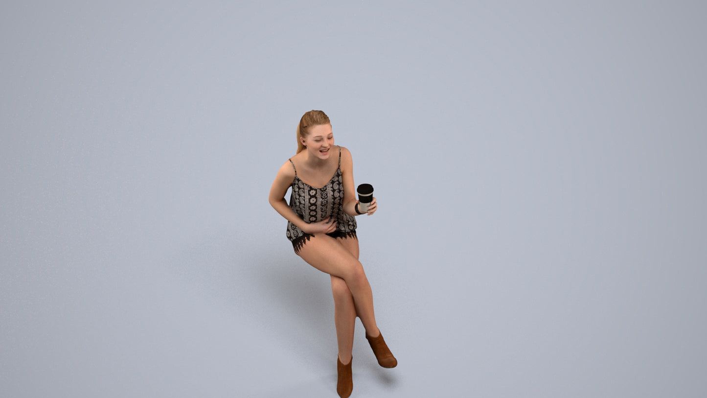 photogrammetry 3D girl casual sitting, realistic human model archviz FBX, back view render