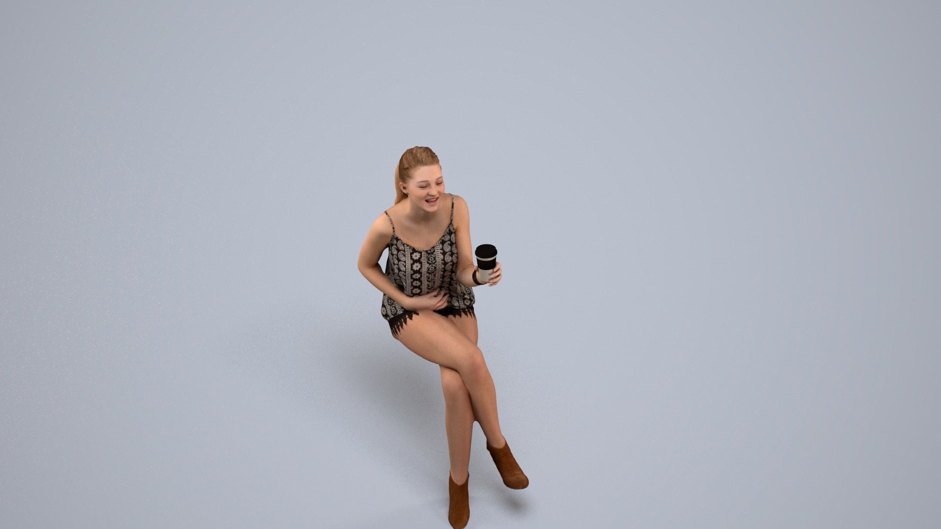 photogrammetry 3D girl casual sitting, realistic human model archviz FBX, back view render