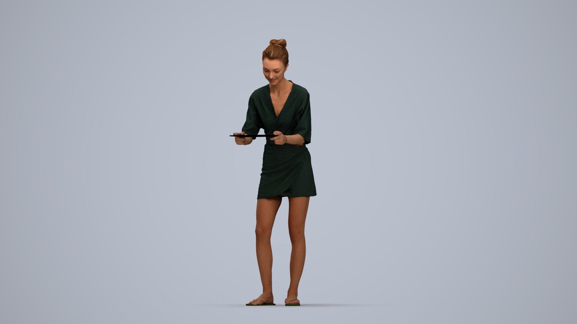 realistic 3D woman casual standing, scanned archviz people for Blender and 3ds Max, top-down view render