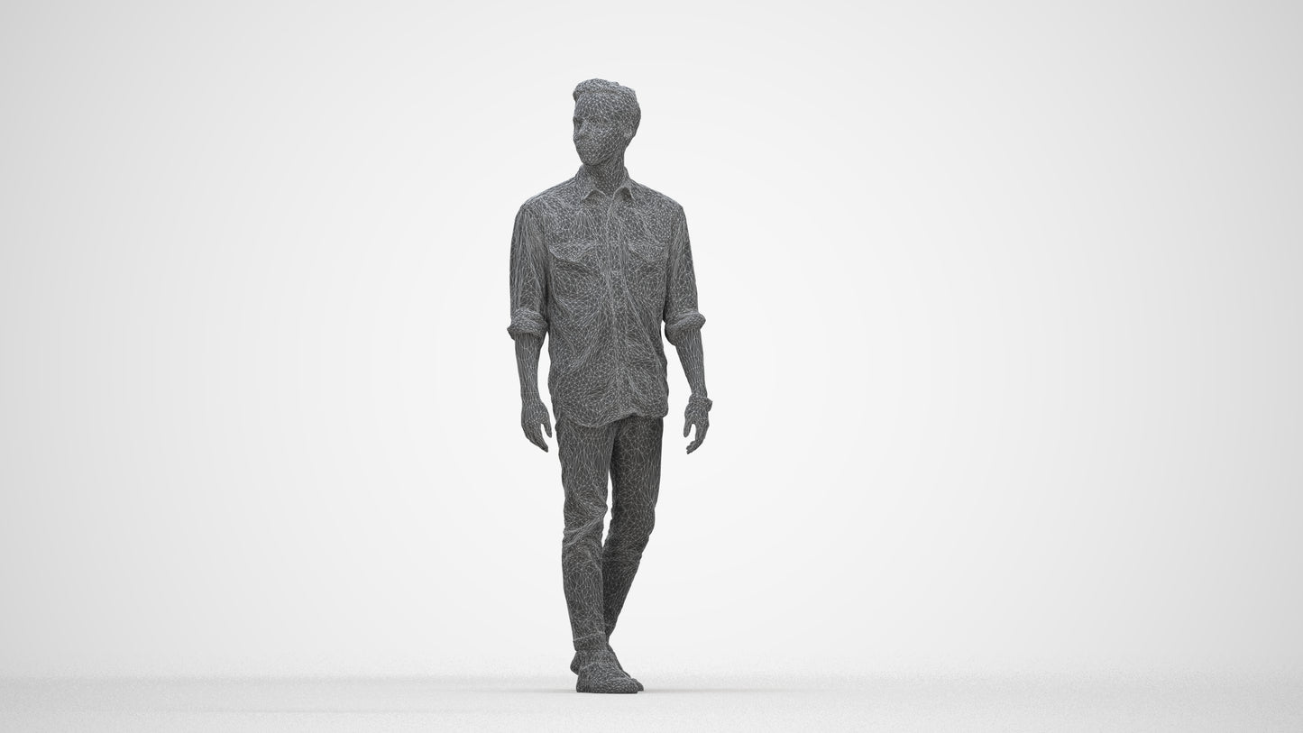 realistic 3D man casual walking, scanned archviz people for Blender and 3ds Max, wireframe back view