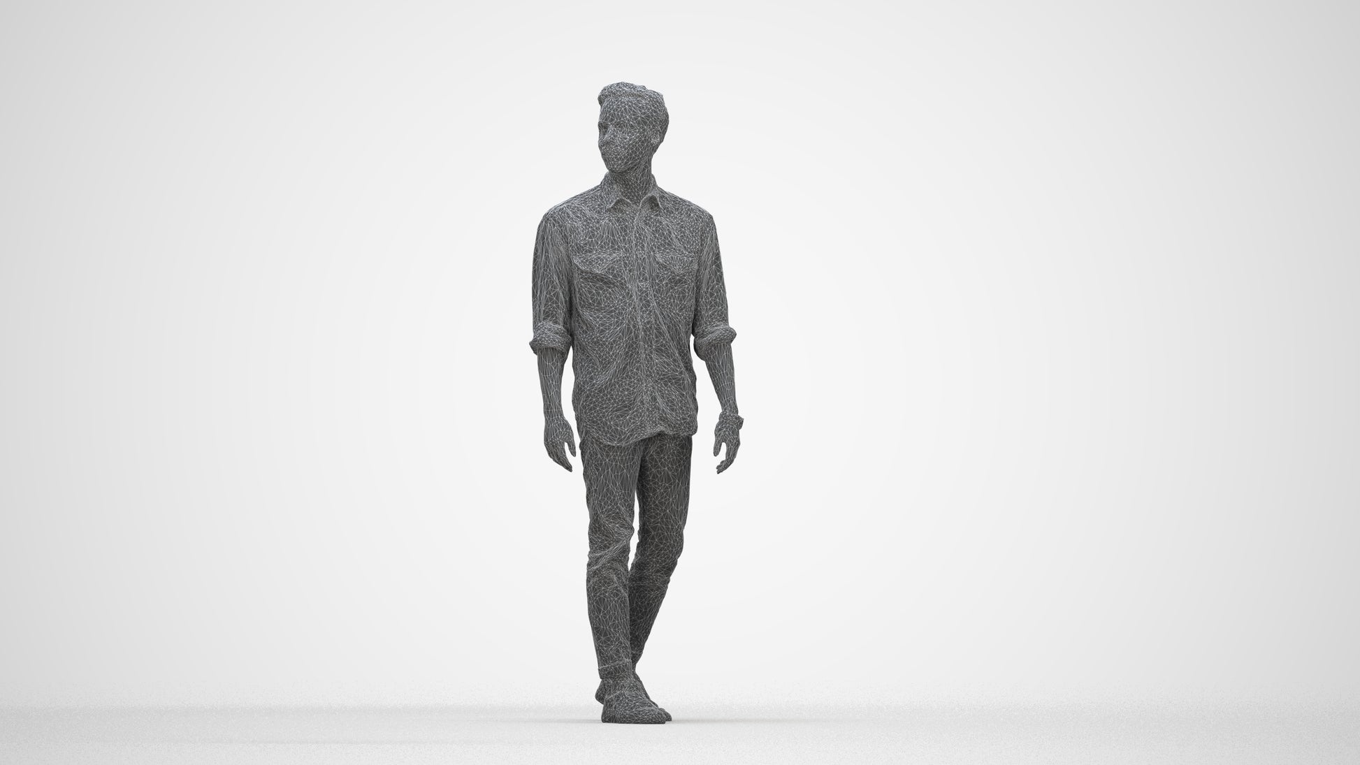 realistic 3D man casual walking, scanned archviz people for Blender and 3ds Max, wireframe back view