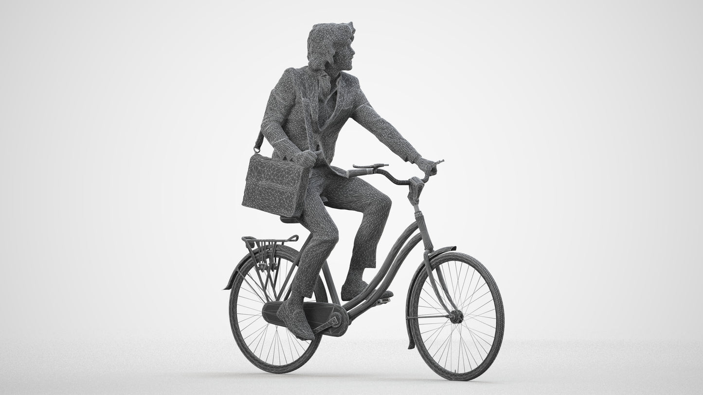 3D human model man business cycling, photogrammetry scanned person for archviz, wireframe side view