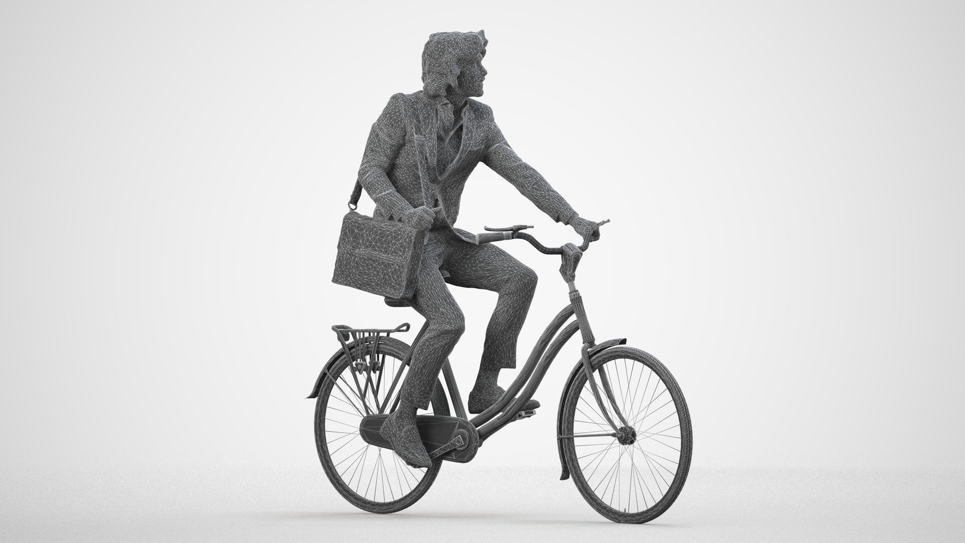 3D human model man business cycling, photogrammetry scanned person for archviz, wireframe side view
