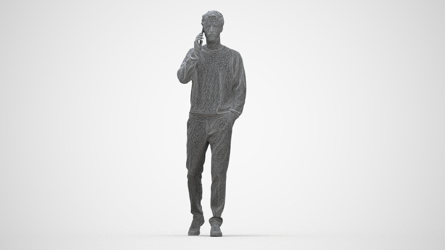 3D human model man casual walking, photogrammetry scanned person for archviz, wireframe back view