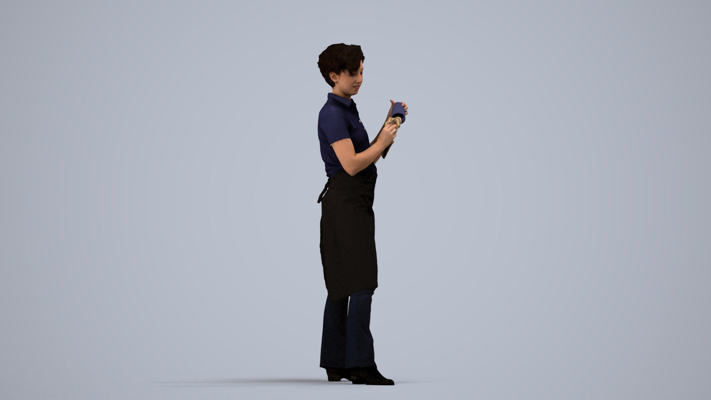 3D scanned woman hospitality, photorealistic archviz people for Enscape and SketchUp, side view render