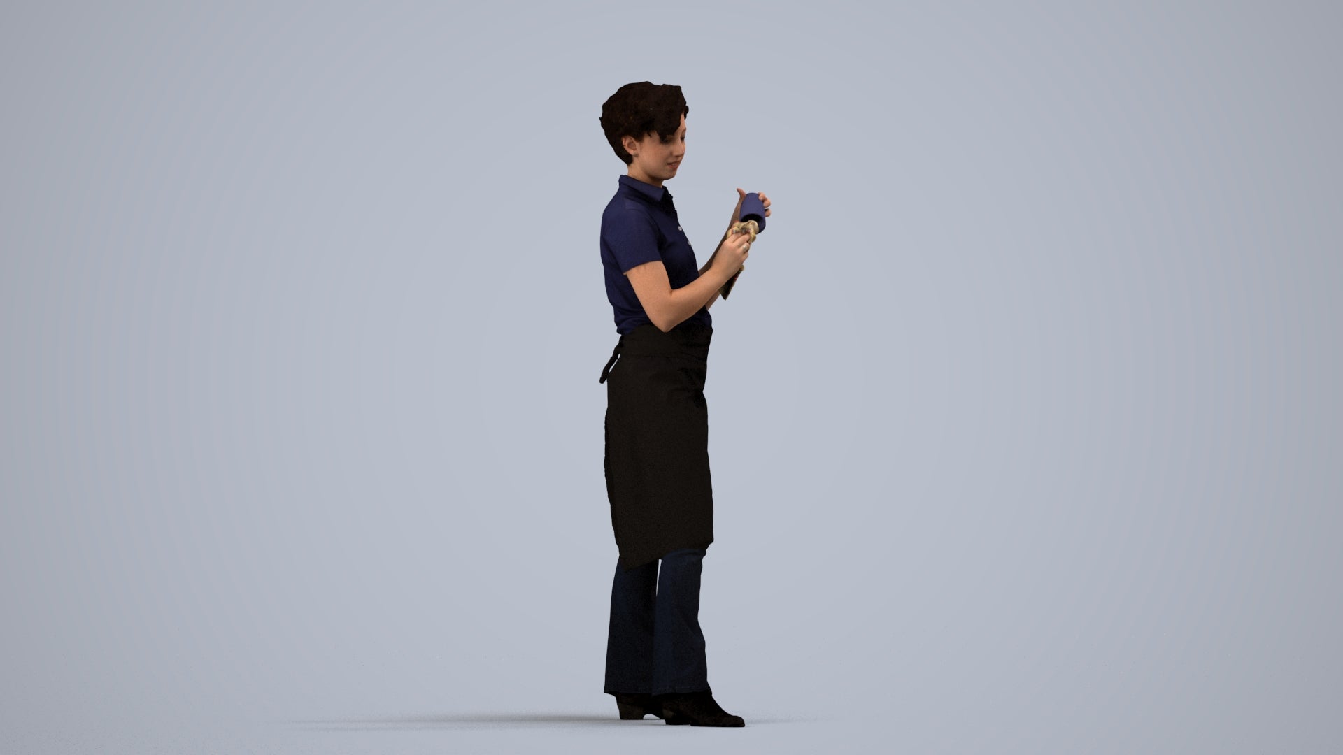3D scanned woman hospitality, photorealistic archviz people for Enscape and SketchUp, side view render