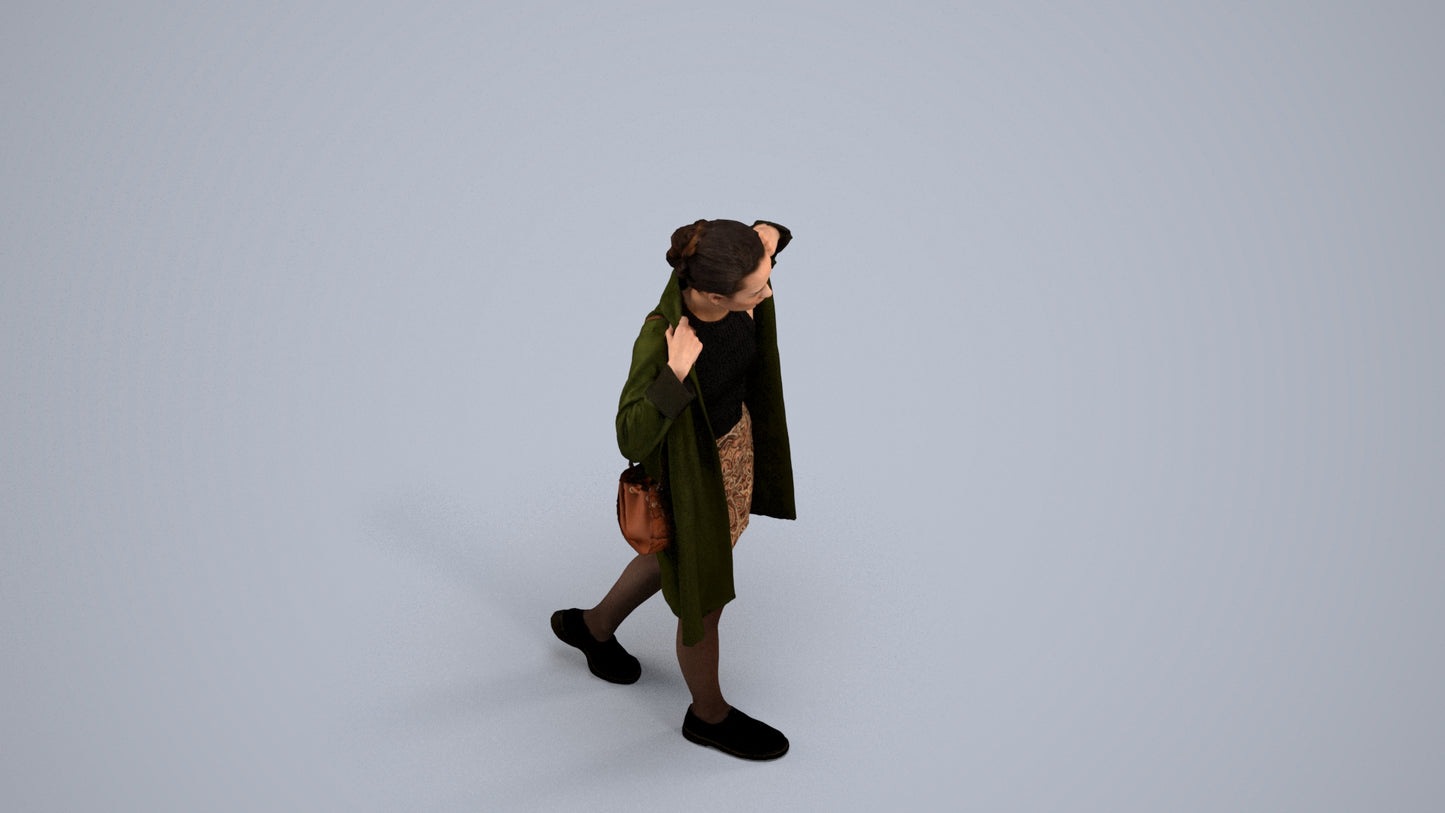 3D human model woman casual walking, photogrammetry scanned person for archviz, back view render