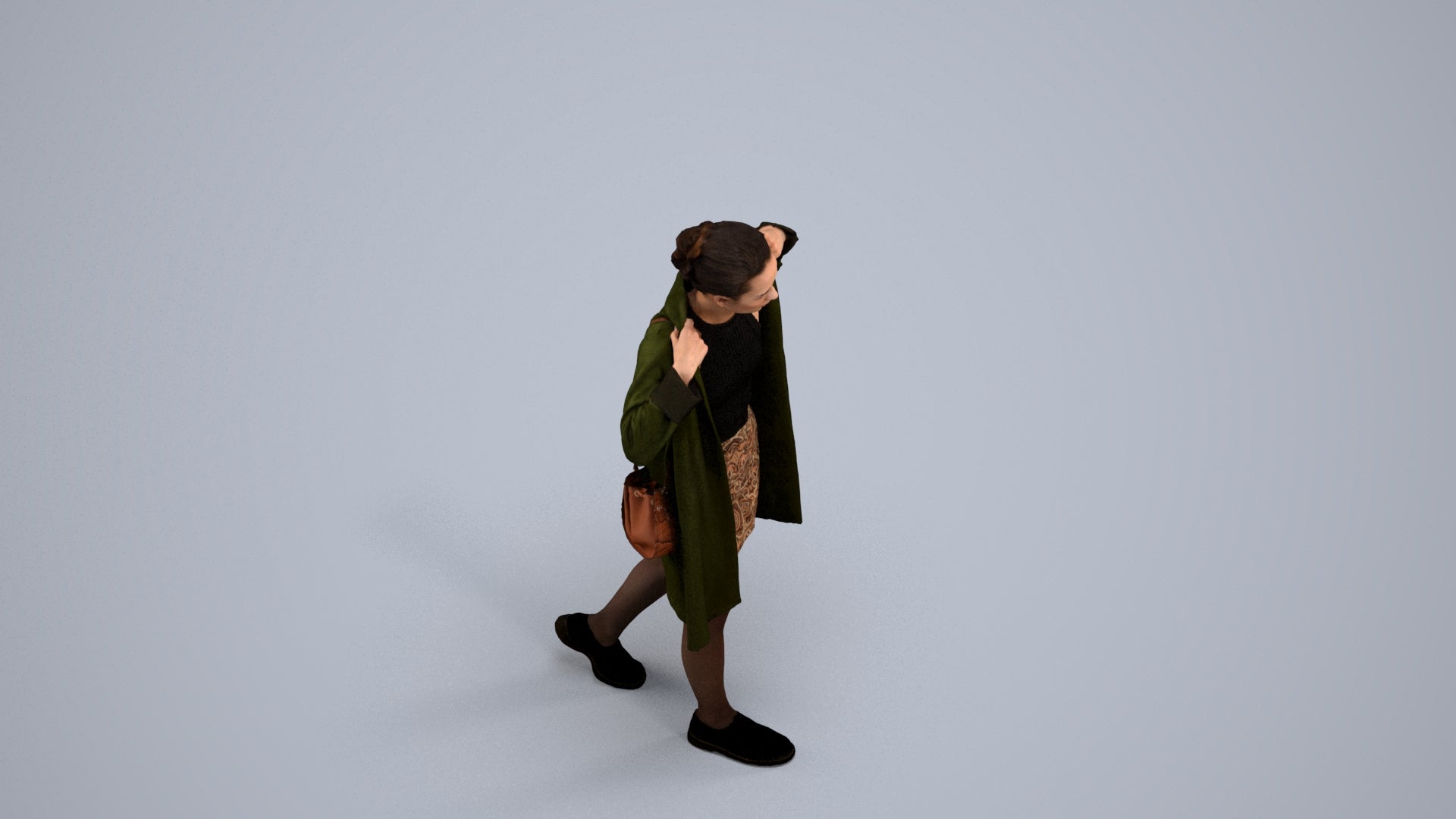 3D human model woman casual walking, photogrammetry scanned person for archviz, back view render