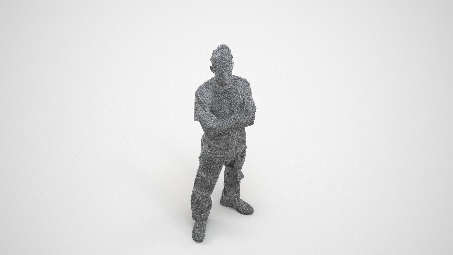 realistic 3D man casual standing, scanned archviz people for Blender and 3ds Max, wireframe three-quarter view