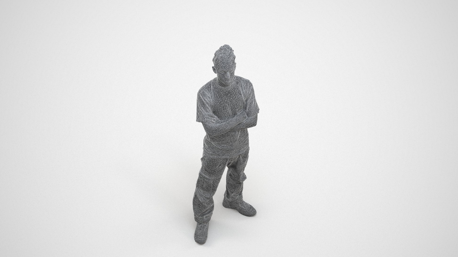realistic 3D man casual standing, scanned archviz people for Blender and 3ds Max, wireframe three-quarter view