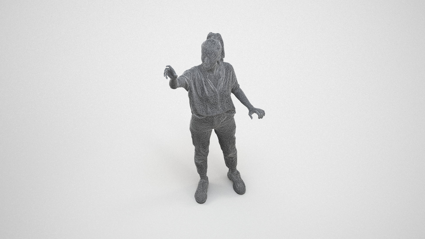 3D scanned woman standing casual, photorealistic archviz people for Enscape and SketchUp, wireframe three-quarter view