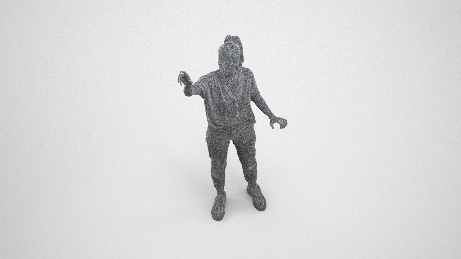 3D scanned woman standing casual, photorealistic archviz people for Enscape and SketchUp, wireframe three-quarter view