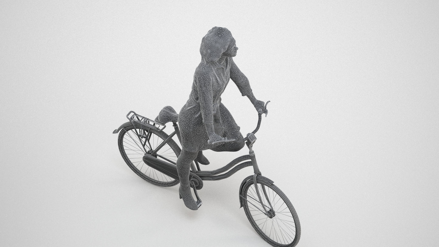 3D people model woman casual cycling, scanned human for 3ds Max rendering, wireframe three-quarter view