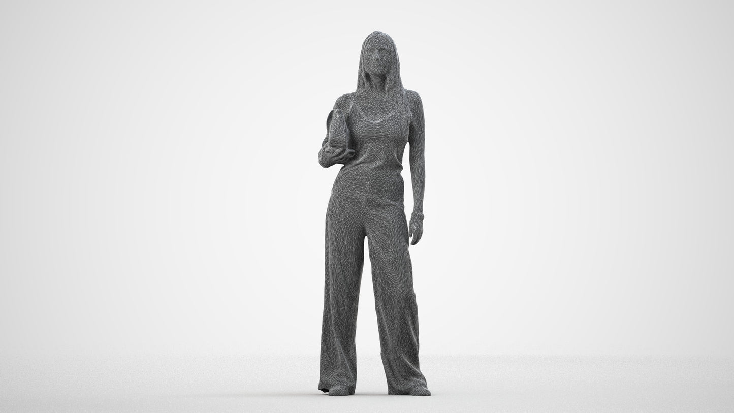 realistic 3D woman casual standing, scanned archviz people for Blender and 3ds Max, wireframe side view