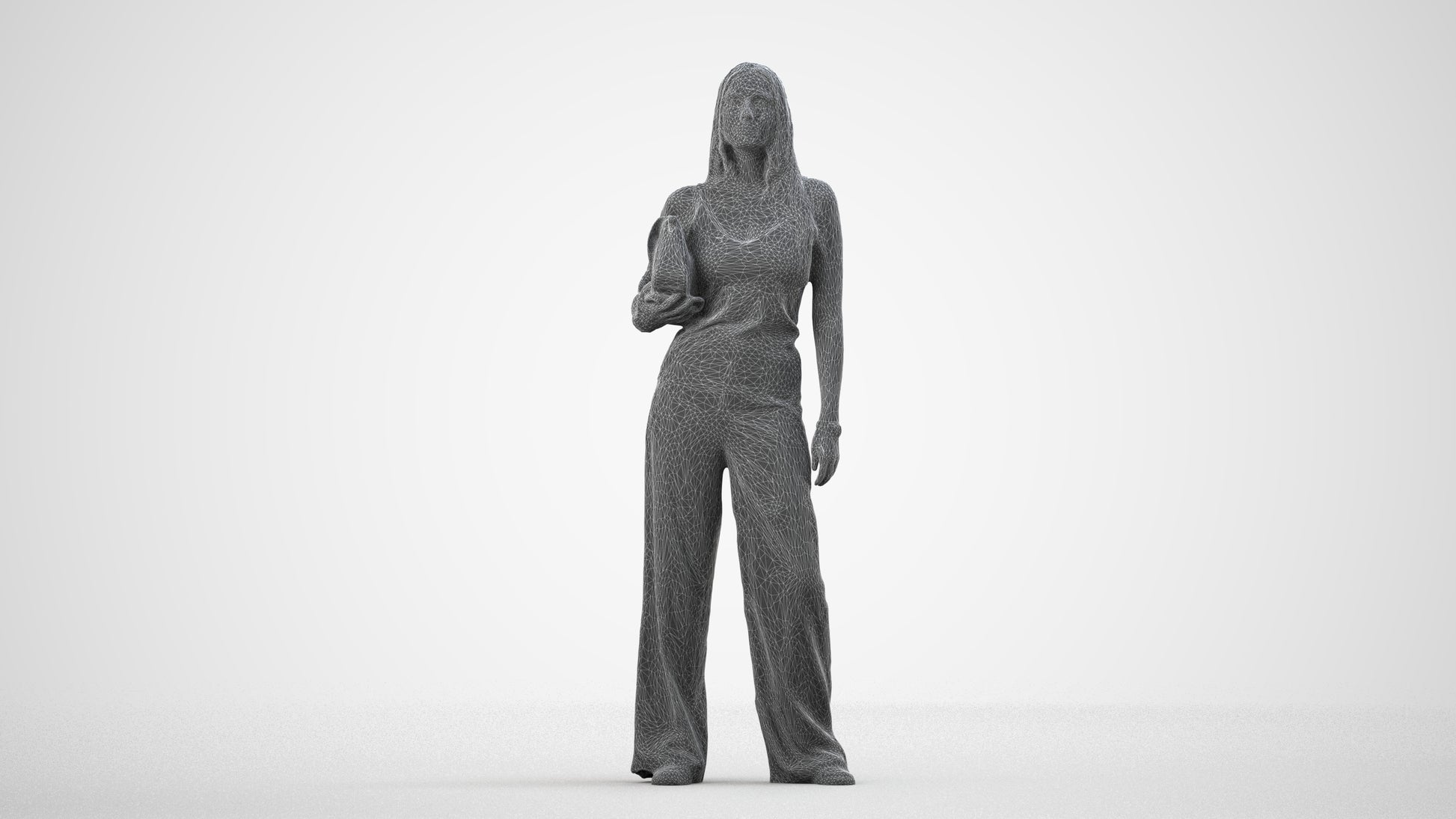 realistic 3D woman casual standing, scanned archviz people for Blender and 3ds Max, wireframe side view