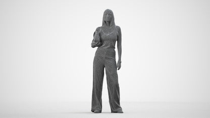 realistic 3D woman casual standing, scanned archviz people for Blender and 3ds Max, wireframe side view
