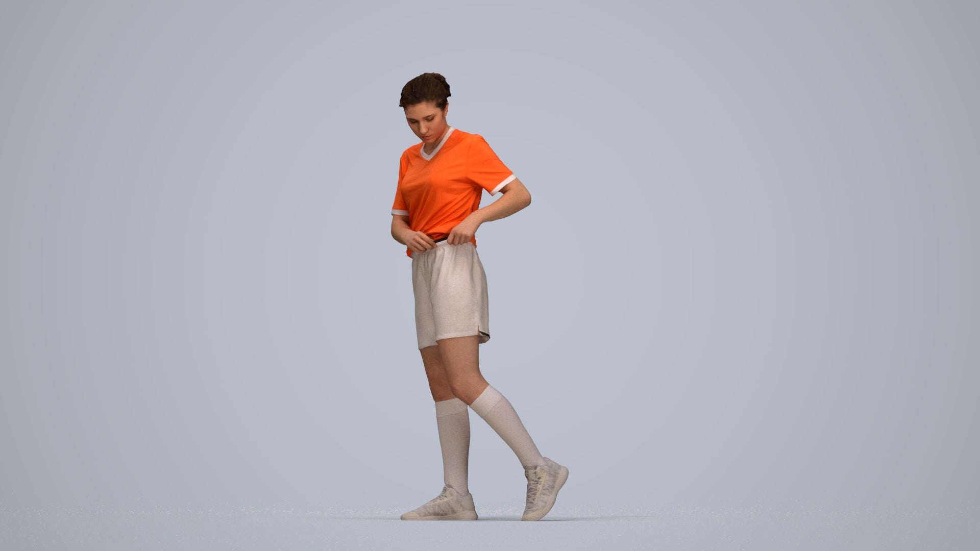 3D human model woman sport, photogrammetry scanned person for archviz, top-down view render