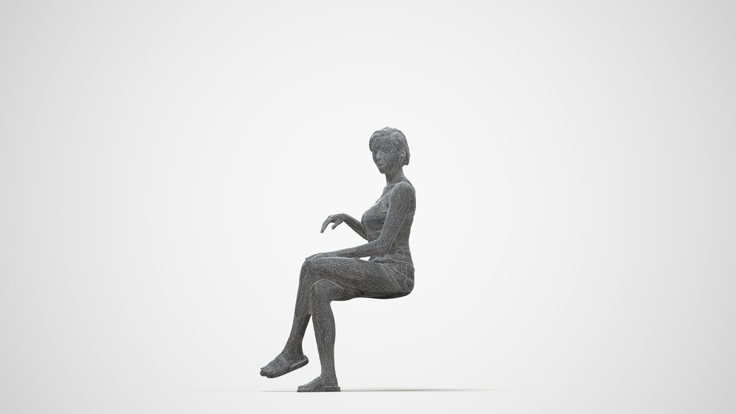 3D human model woman casual sitting, photogrammetry scanned person for archviz, wireframe back view