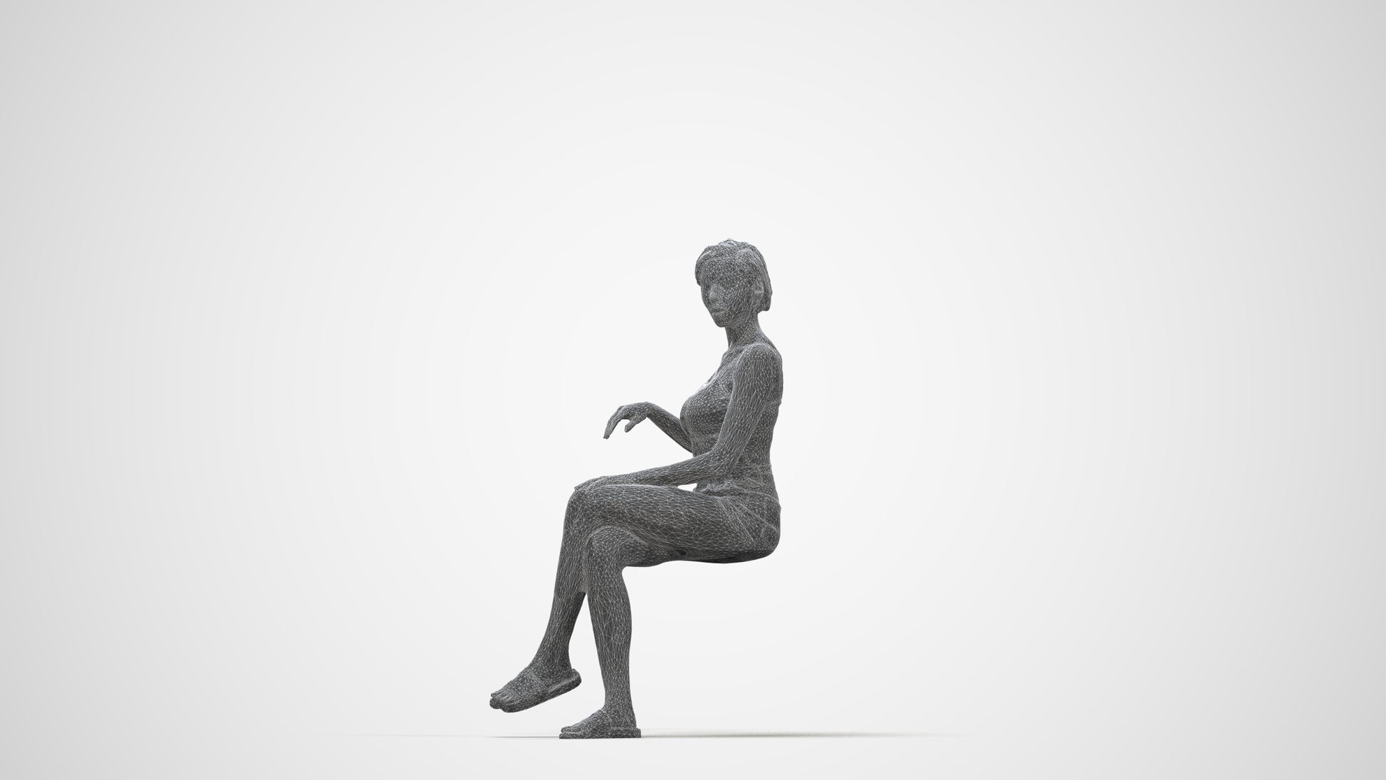 3D human model woman casual sitting, photogrammetry scanned person for archviz, wireframe back view