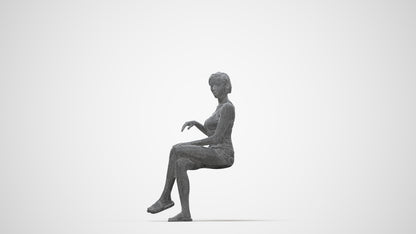 3D human model woman casual sitting, photogrammetry scanned person for archviz, wireframe back view